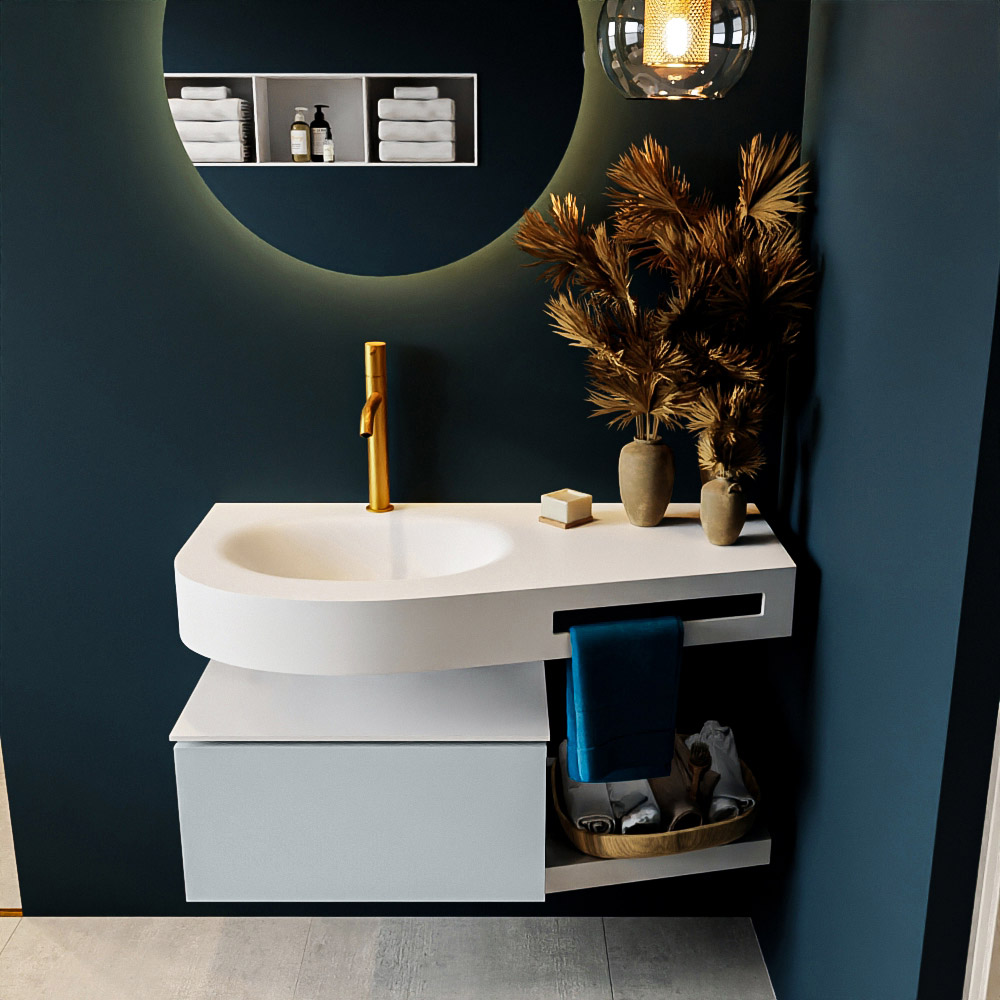 MONDIAZ RIVA 100cm badmeubel onderkast / planchet kleur Clay met 1 lade. Wastafel DULCET links 1 kraangat kleur Talc.