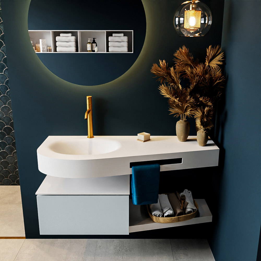 MONDIAZ RIVA 120cm badmeubel onderkast / planchet kleur Clay met 1 lade. Wastafel DULCET links 1 kraangat kleur Talc.