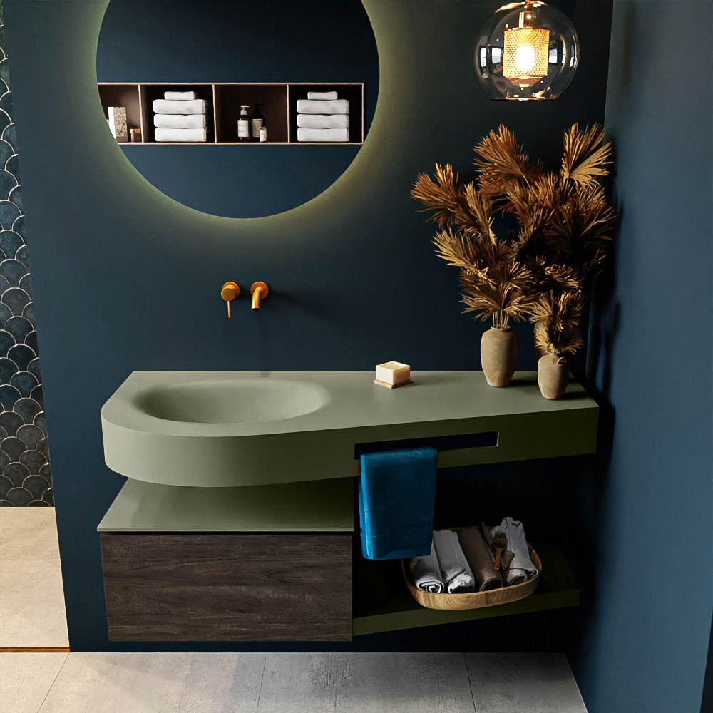 MONDIAZ RIVA 120cm badmeubel onderkast / planchet kleur Dark_Brown met 1 lade. Wastafel DULCET links 0 kraangaten kleur Army.