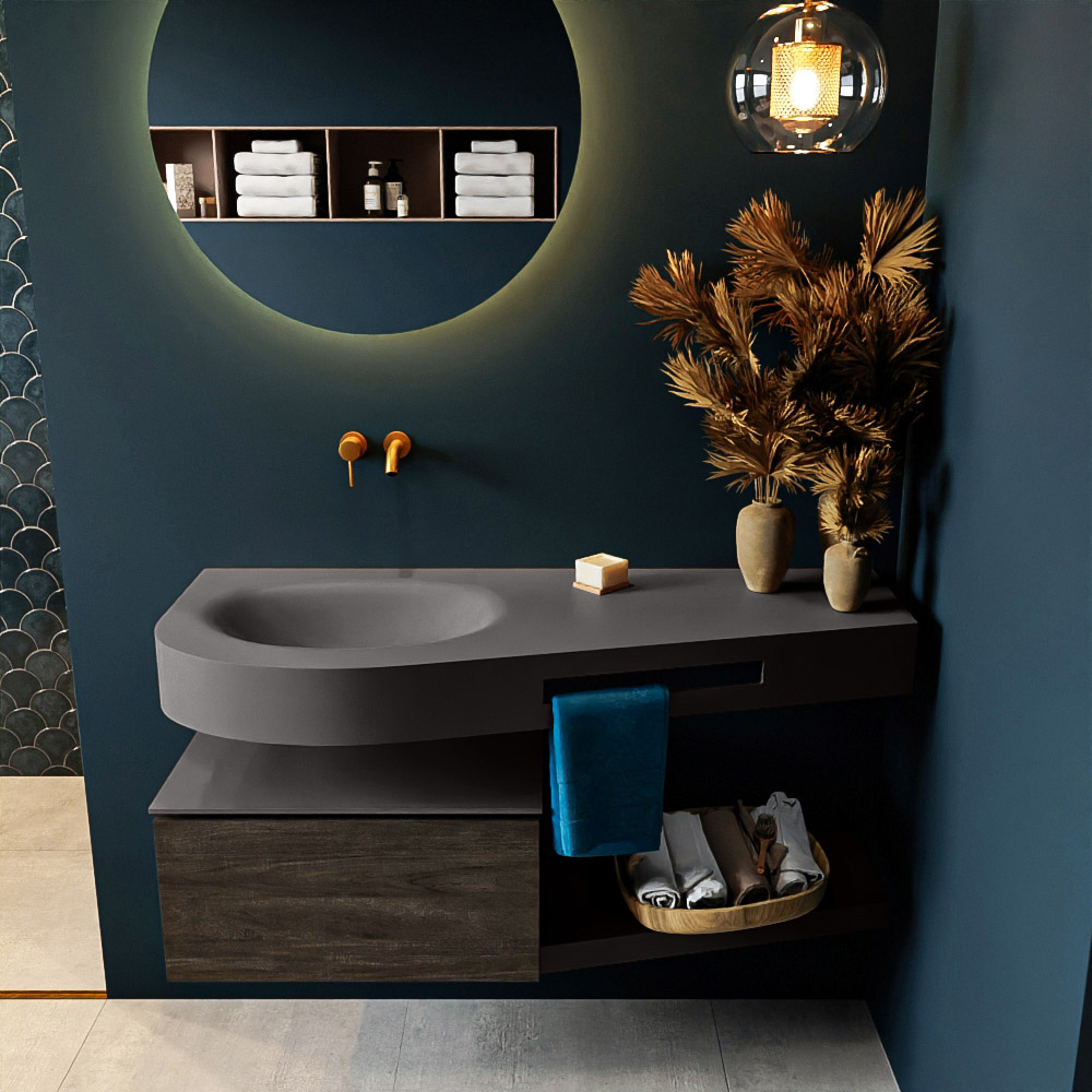 MONDIAZ RIVA 120cm badmeubel onderkast / planchet kleur Dark_Brown met 1 lade. Wastafel DULCET links 0 kraangaten kleur Dark_Grey.