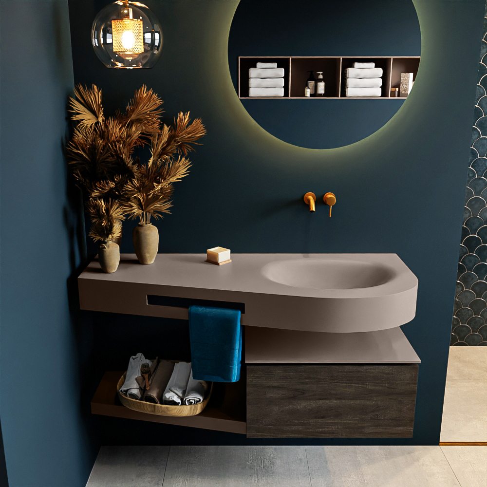 MONDIAZ RIVA 120cm badmeubel onderkast / planchet kleur Dark_Brown met 1 lade. Wastafel DULCET rechts 0 kraangaten kleur Smoke.