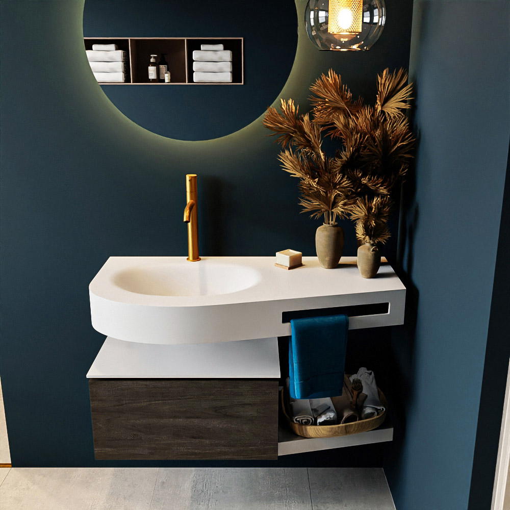 MONDIAZ RIVA 100cm badmeubel onderkast / planchet kleur Dark_Brown met 1 lade. Wastafel DULCET links 1 kraangat kleur Talc.