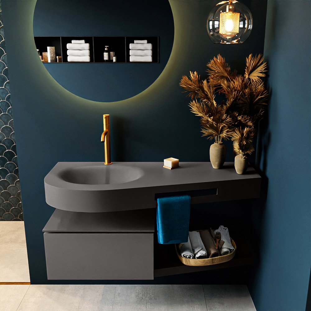 MONDIAZ RIVA 120cm badmeubel onderkast / planchet kleur Dark_Grey met 1 lade. Wastafel DULCET links 1 kraangat kleur Dark_Grey.