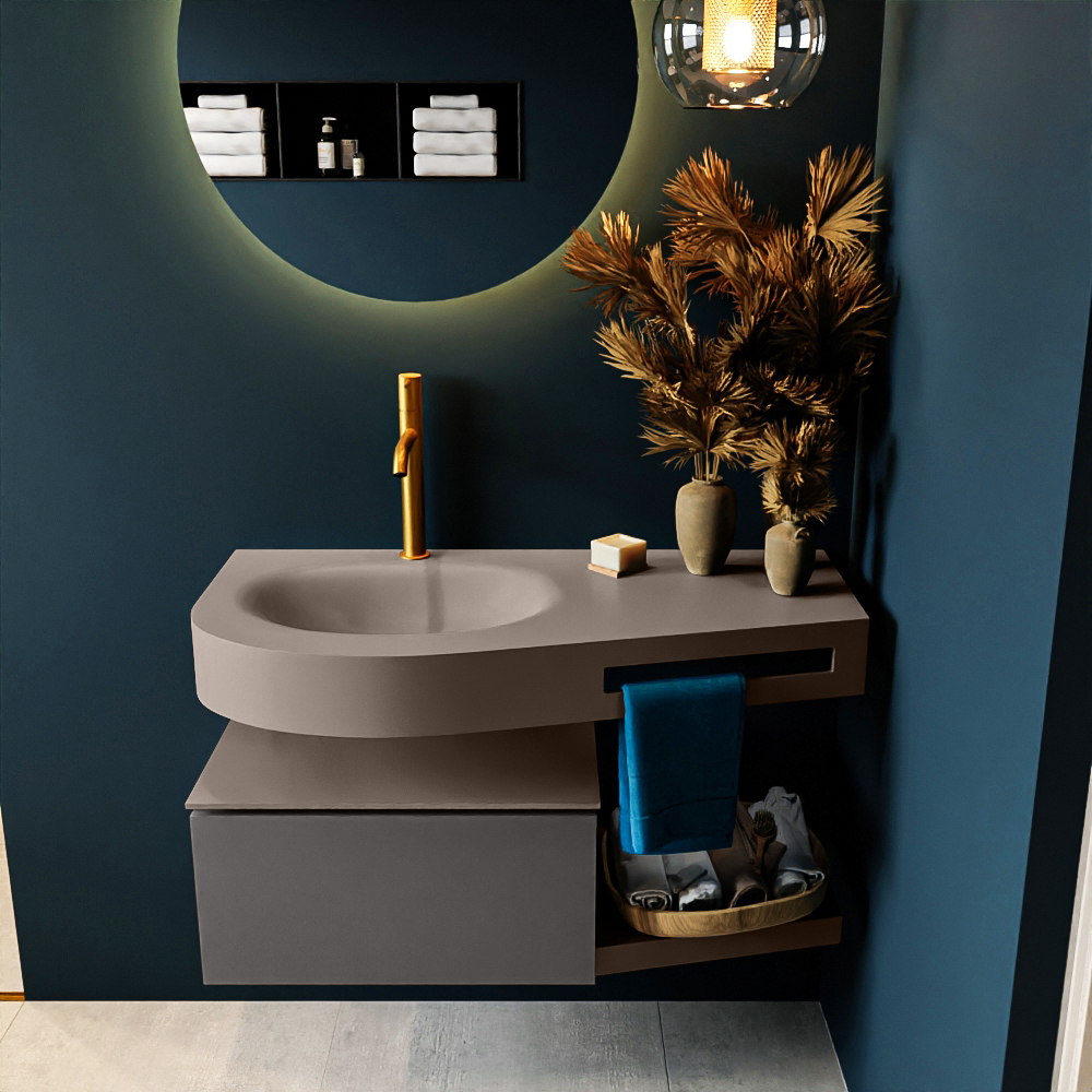 MONDIAZ RIVA 100cm badmeubel onderkast / planchet kleur Dark_Grey met 1 lade. Wastafel DULCET links 1 kraangat kleur Smoke.