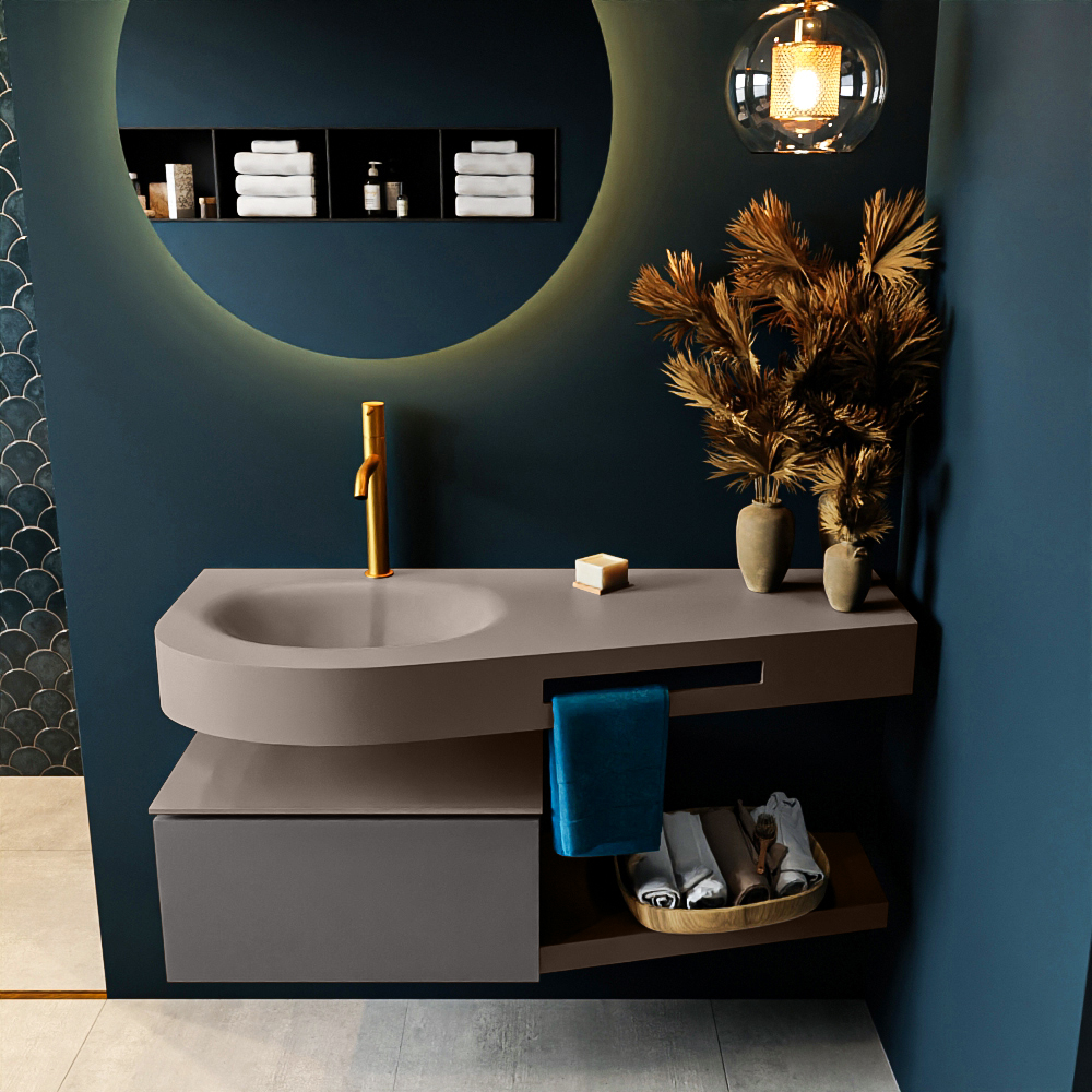 MONDIAZ RIVA 120cm badmeubel onderkast / planchet kleur Dark_Grey met 1 lade. Wastafel DULCET links 1 kraangat kleur Smoke.
