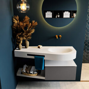 MONDIAZ RIVA 120cm badmeubel onderkast / planchet kleur Dark_Grey met 1 lade. Wastafel DULCET rechts 0 kraangaten kleur Talc.
