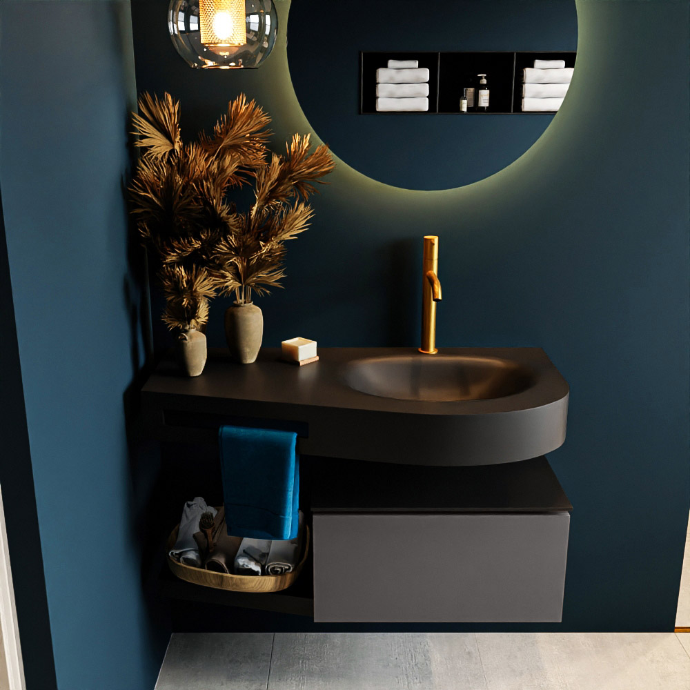 MONDIAZ RIVA 100cm badmeubel onderkast / planchet kleur Dark_Grey met 1 lade. Wastafel DULCET rechts 1 kraangat kleur Urban.