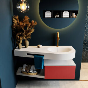 MONDIAZ RIVA 120cm badmeubel onderkast / planchet kleur Fire met 1 lade. Wastafel DULCET rechts 1 kraangat kleur Talc.