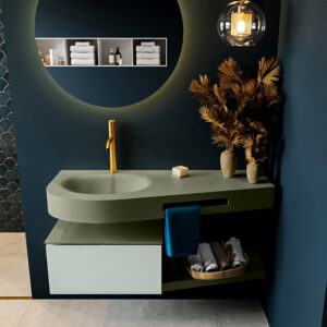 MONDIAZ RIVA 120cm badmeubel onderkast / planchet kleur Greey met 1 lade. Wastafel DULCET links 1 kraangat kleur Army.