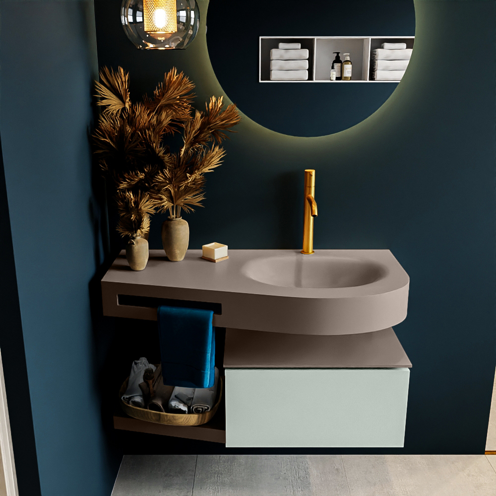 MONDIAZ RIVA 100cm badmeubel onderkast / planchet kleur Greey met 1 lade. Wastafel DULCET rechts 1 kraangat kleur Smoke.