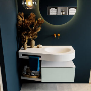 MONDIAZ RIVA 100cm badmeubel onderkast / planchet kleur Greey met 1 lade. Wastafel DULCET rechts 0 kraangaten kleur Talc.