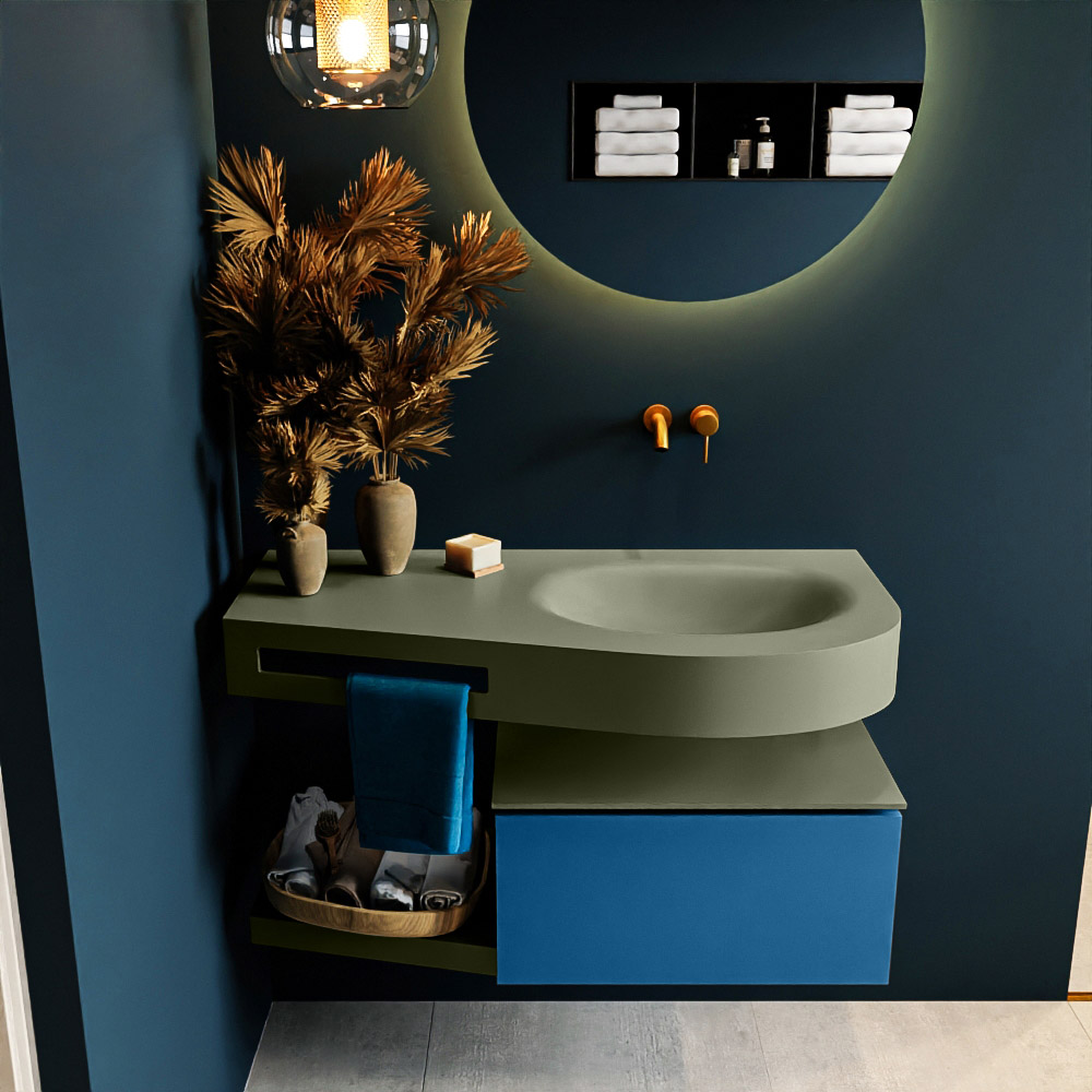 MONDIAZ RIVA 100cm badmeubel onderkast / planchet kleur Jeans met 1 lade. Wastafel DULCET rechts 0 kraangaten kleur Army.