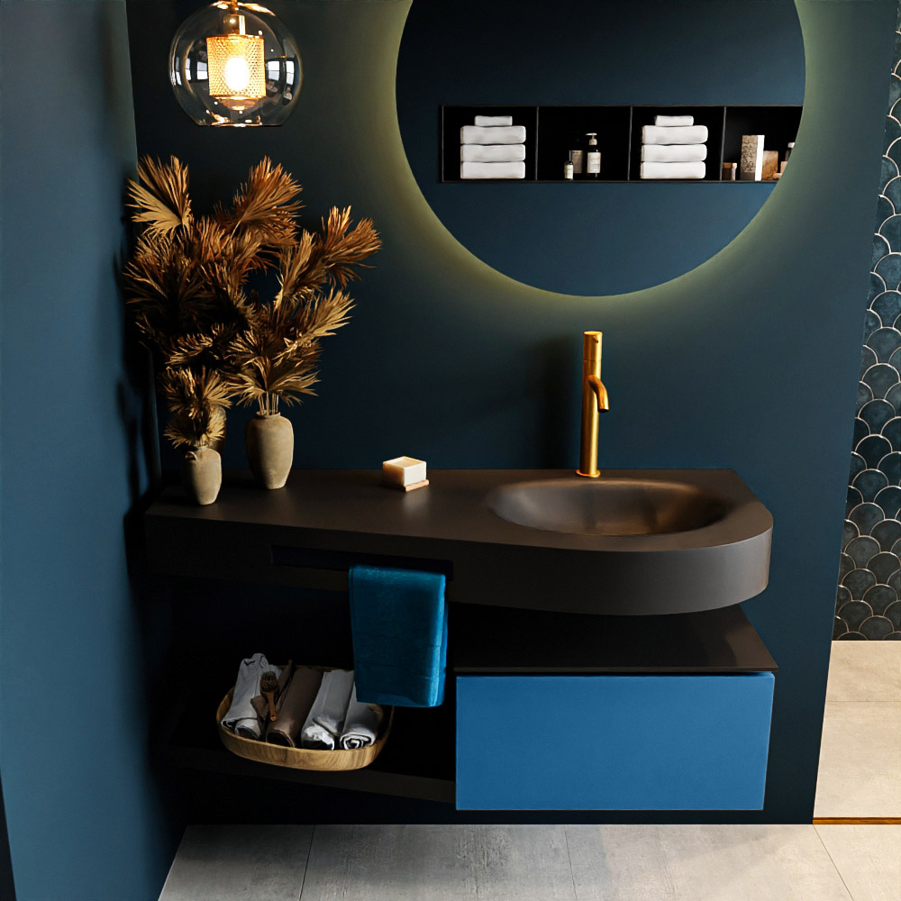 MONDIAZ RIVA 120cm badmeubel onderkast / planchet kleur Jeans met 1 lade. Wastafel DULCET rechts 1 kraangat kleur Urban.
