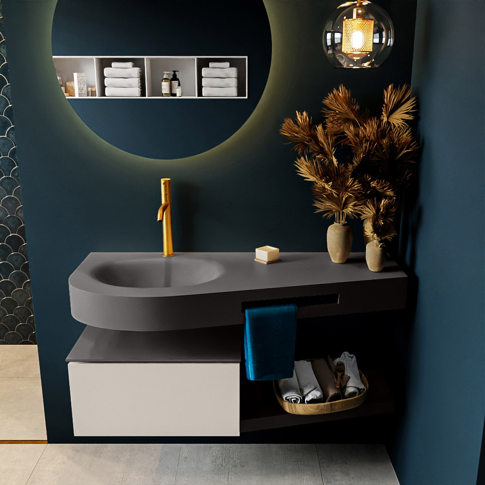 MONDIAZ RIVA 120cm badmeubel onderkast / planchet kleur Linen met 1 lade. Wastafel DULCET links 1 kraangat kleur Dark_Grey.