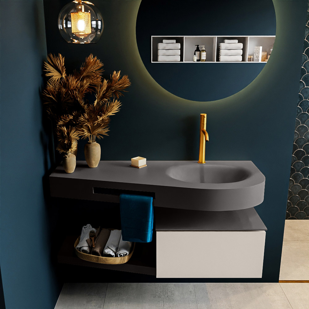 MONDIAZ RIVA 120cm badmeubel onderkast / planchet kleur Linen met 1 lade. Wastafel DULCET rechts 1 kraangat kleur Dark_Grey.