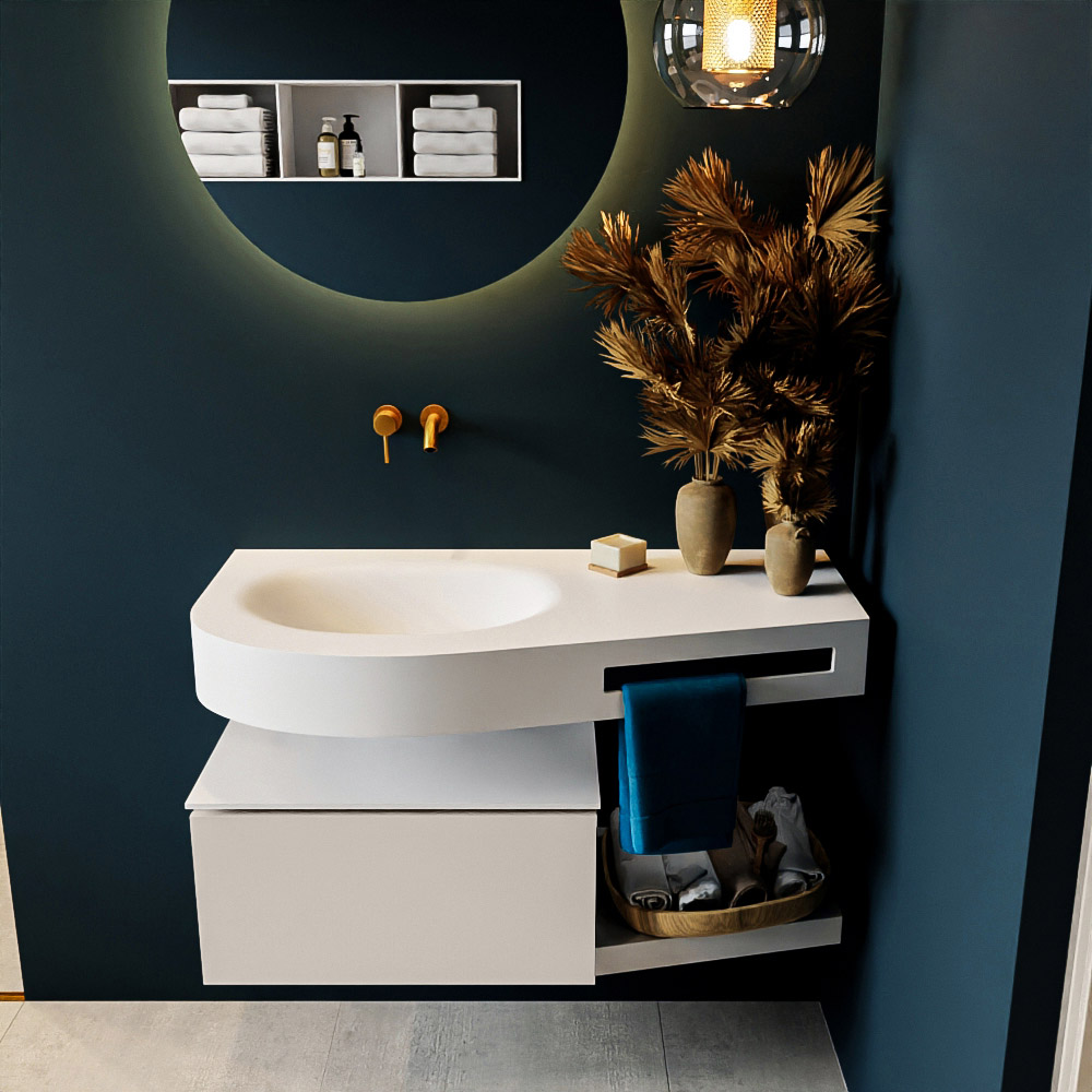 MONDIAZ RIVA 100cm badmeubel onderkast / planchet kleur Linen met 1 lade. Wastafel DULCET links 0 kraangaten kleur Talc.