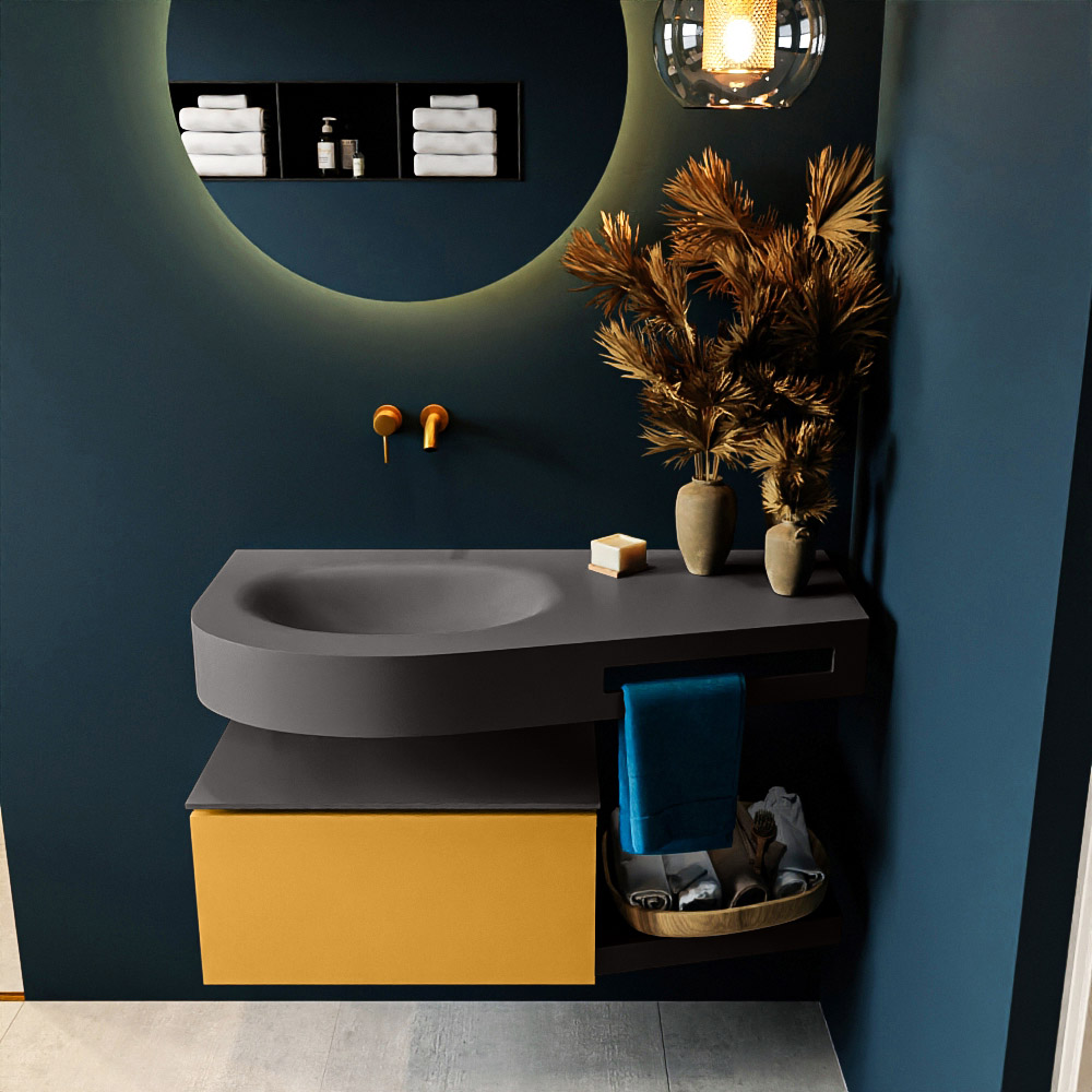 MONDIAZ RIVA 100cm badmeubel onderkast / planchet kleur Ocher met 1 lade. Wastafel DULCET links 0 kraangaten kleur Dark_Grey.