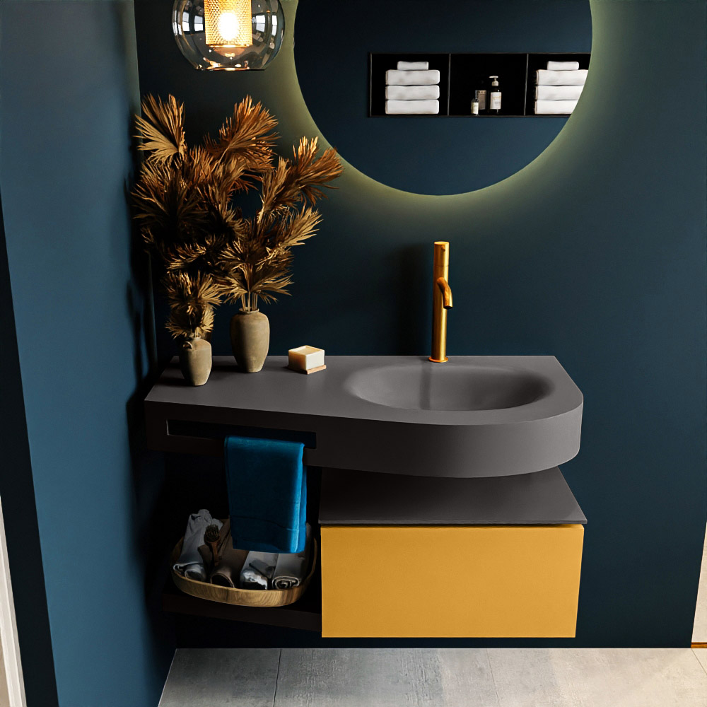 MONDIAZ RIVA 100cm badmeubel onderkast / planchet kleur Ocher met 1 lade. Wastafel DULCET rechts 1 kraangat kleur Dark_Grey.