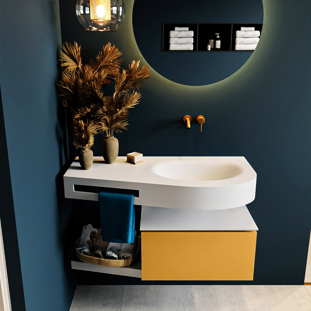 MONDIAZ RIVA 100cm badmeubel onderkast / planchet kleur Ocher met 1 lade. Wastafel DULCET rechts 0 kraangaten kleur Talc.