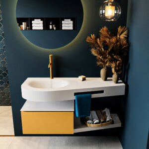 MONDIAZ RIVA 120cm badmeubel onderkast / planchet kleur Ocher met 1 lade. Wastafel DULCET links 1 kraangat kleur Talc.