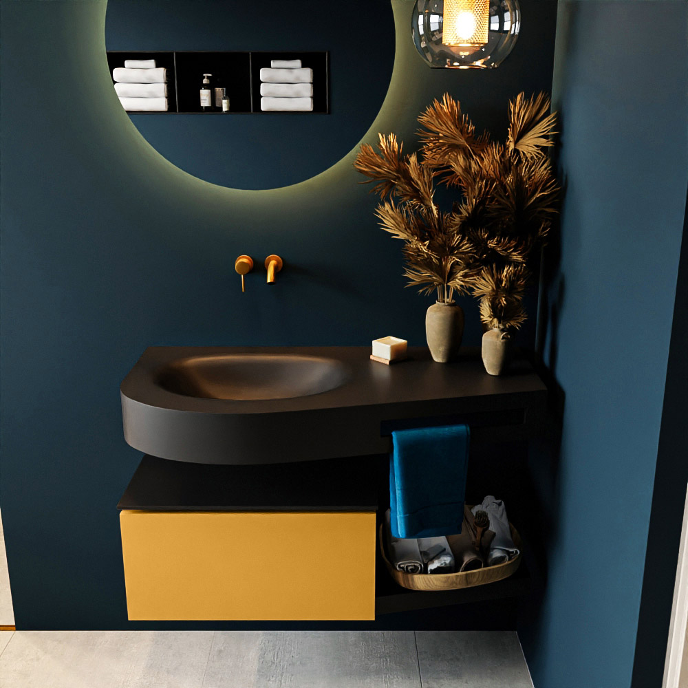 MONDIAZ RIVA 100cm badmeubel onderkast / planchet kleur Ocher met 1 lade. Wastafel DULCET links 0 kraangaten kleur Urban.