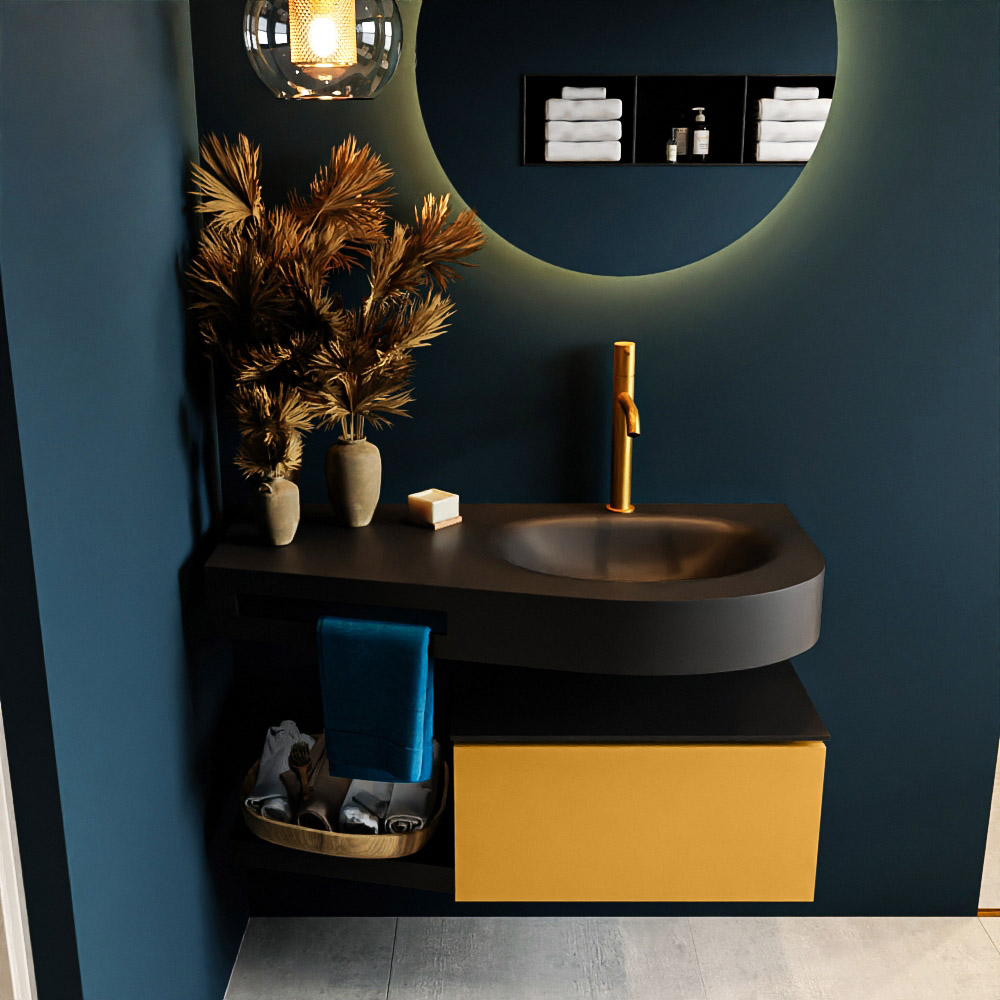 MONDIAZ RIVA 100cm badmeubel onderkast / planchet kleur Ocher met 1 lade. Wastafel DULCET rechts 1 kraangat kleur Urban.