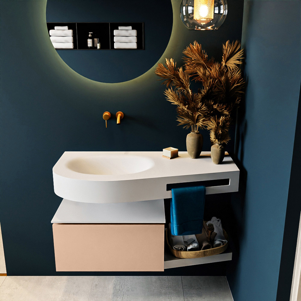MONDIAZ RIVA 100cm badmeubel onderkast / planchet kleur Rosee met 1 lade. Wastafel DULCET links 0 kraangaten kleur Talc.
