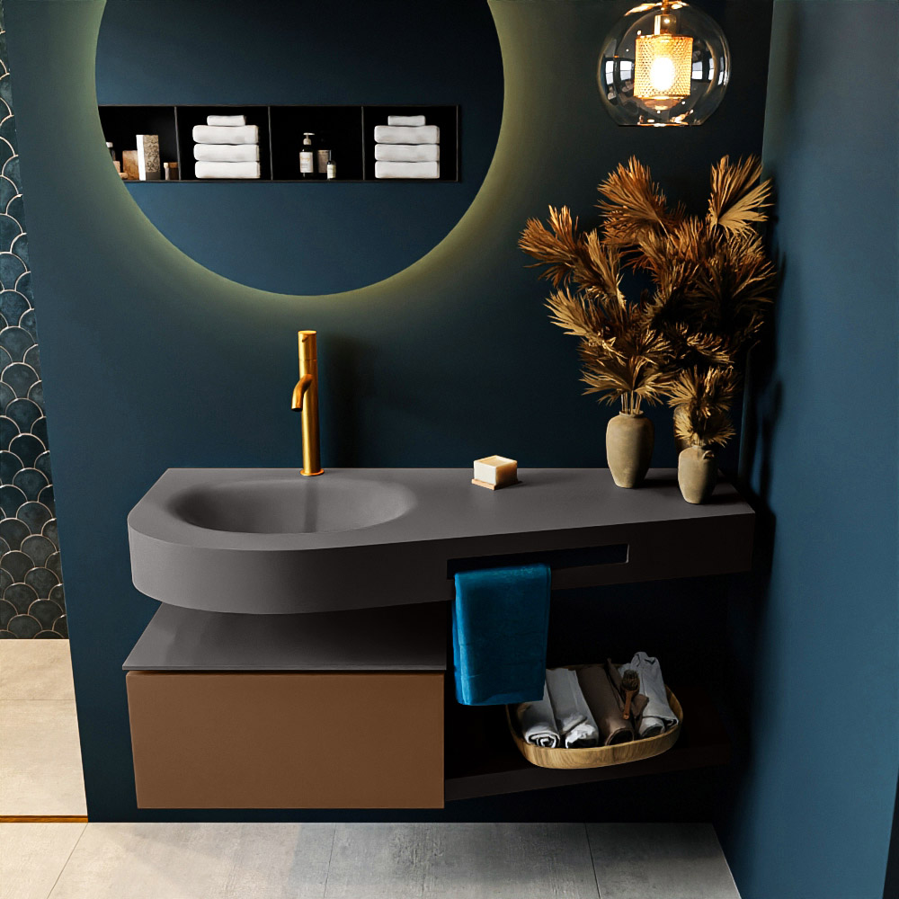 MONDIAZ RIVA 120cm badmeubel onderkast / planchet kleur Rust met 1 lade. Wastafel DULCET links 1 kraangat kleur Dark_Grey.