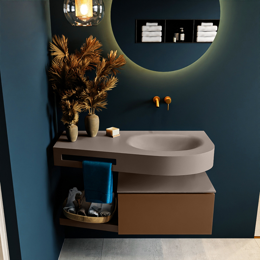 MONDIAZ RIVA 100cm badmeubel onderkast / planchet kleur Rust met 1 lade. Wastafel DULCET rechts 0 kraangaten kleur Smoke.