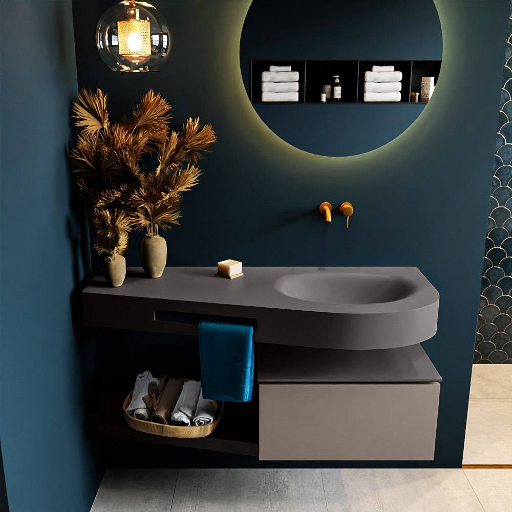 MONDIAZ RIVA 120cm badmeubel onderkast / planchet kleur Smoke met 1 lade. Wastafel DULCET rechts 0 kraangaten kleur Dark_Grey.