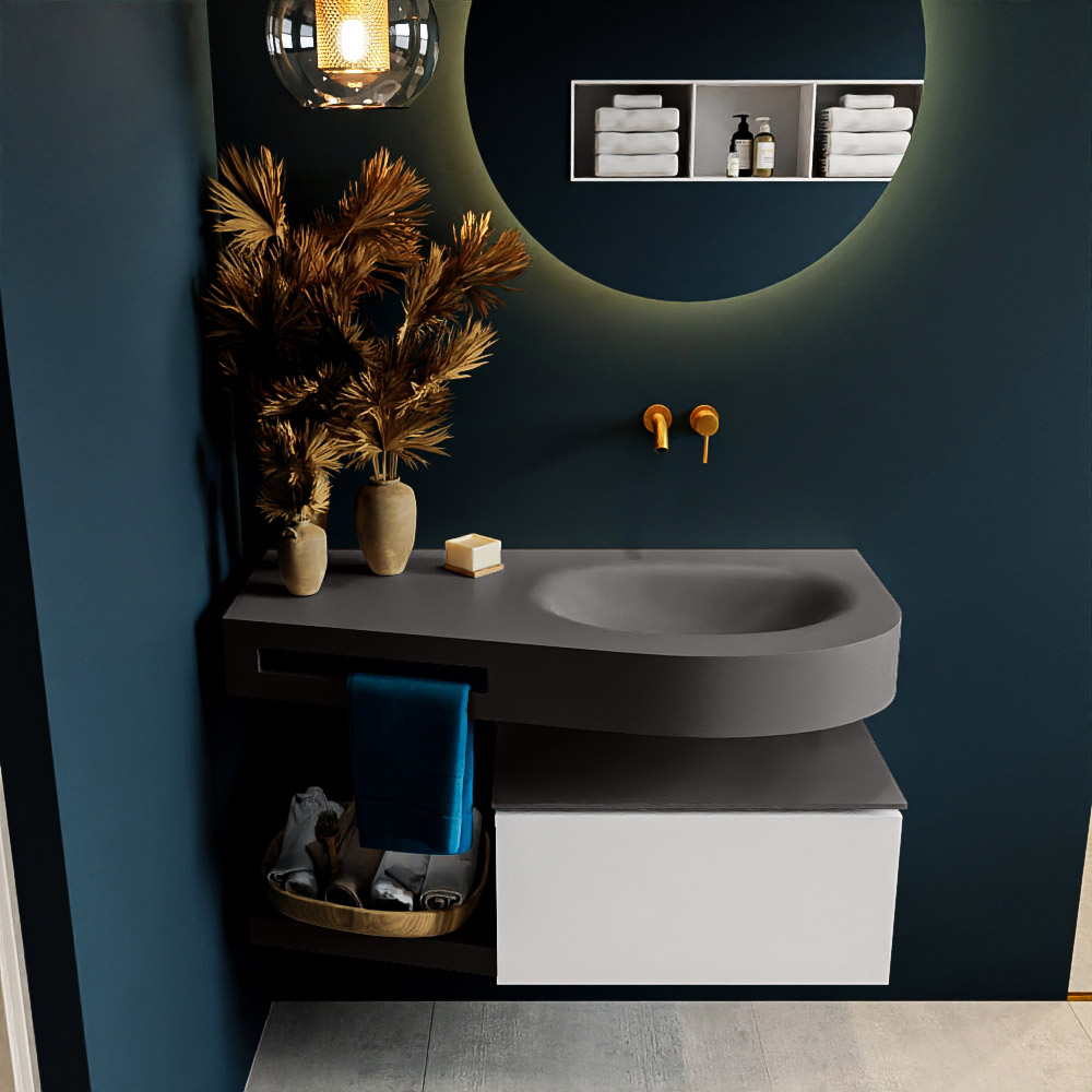 MONDIAZ RIVA 100cm badmeubel onderkast / planchet kleur Talc met 1 lade. Wastafel DULCET rechts 0 kraangaten kleur Dark_Grey.