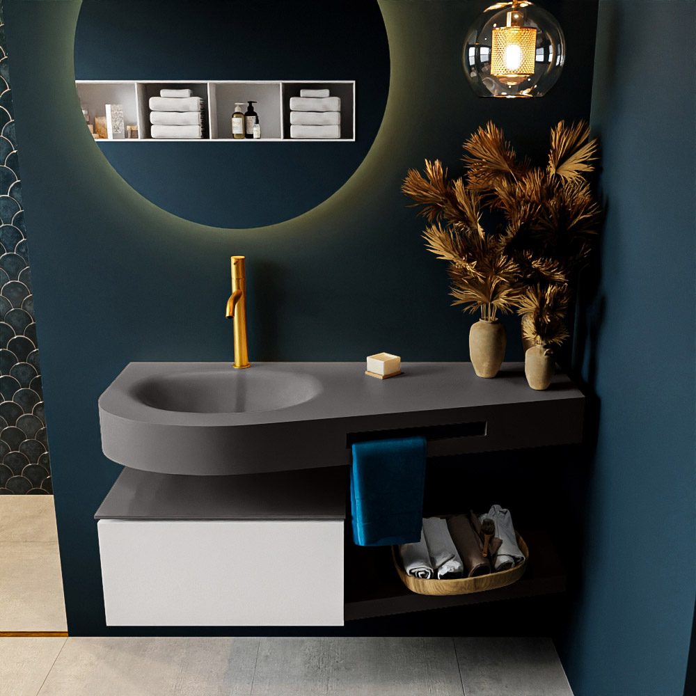 MONDIAZ RIVA 120cm badmeubel onderkast / planchet kleur Talc met 1 lade. Wastafel DULCET links 1 kraangat kleur Dark_Grey.