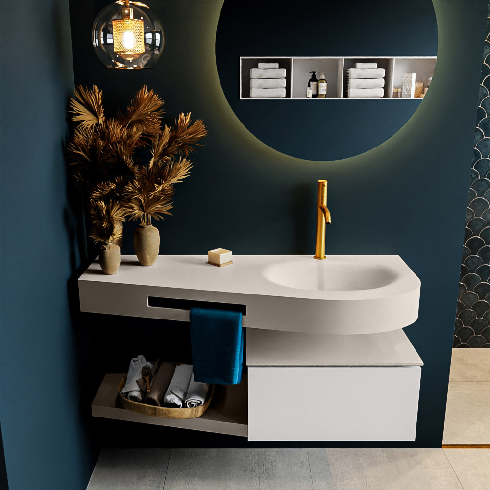 MONDIAZ RIVA 120cm badmeubel onderkast / planchet kleur Talc met 1 lade. Wastafel DULCET rechts 1 kraangat kleur Linen.