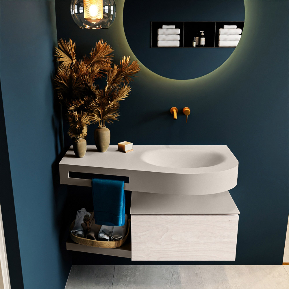 MONDIAZ RIVA 100cm badmeubel onderkast / planchet kleur Underlayment met 1 lade. Wastafel DULCET rechts 0 kraangaten kleur Linen.