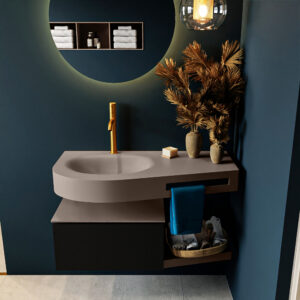 MONDIAZ RIVA 100cm badmeubel onderkast / planchet kleur Urban met 1 lade. Wastafel DULCET links 1 kraangat kleur Smoke.