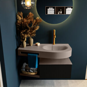 MONDIAZ RIVA 100cm badmeubel onderkast / planchet kleur Urban met 1 lade. Wastafel DULCET rechts 1 kraangat kleur Smoke.