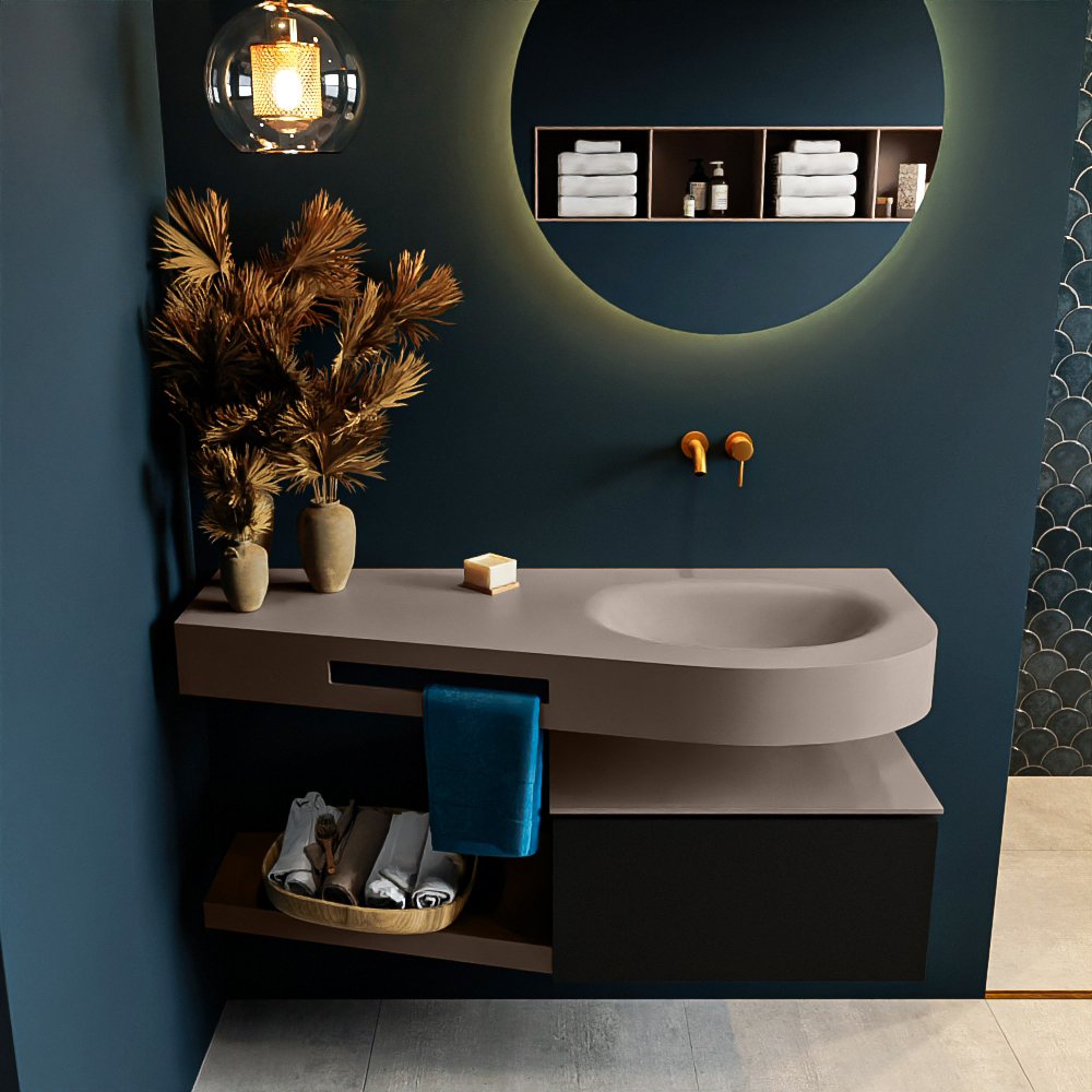 MONDIAZ RIVA 120cm badmeubel onderkast / planchet kleur Urban met 1 lade. Wastafel DULCET rechts 0 kraangaten kleur Smoke.