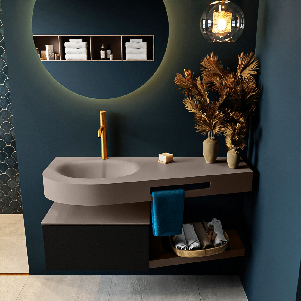 MONDIAZ RIVA 120cm badmeubel onderkast / planchet kleur Urban met 1 lade. Wastafel DULCET links 1 kraangat kleur Smoke.