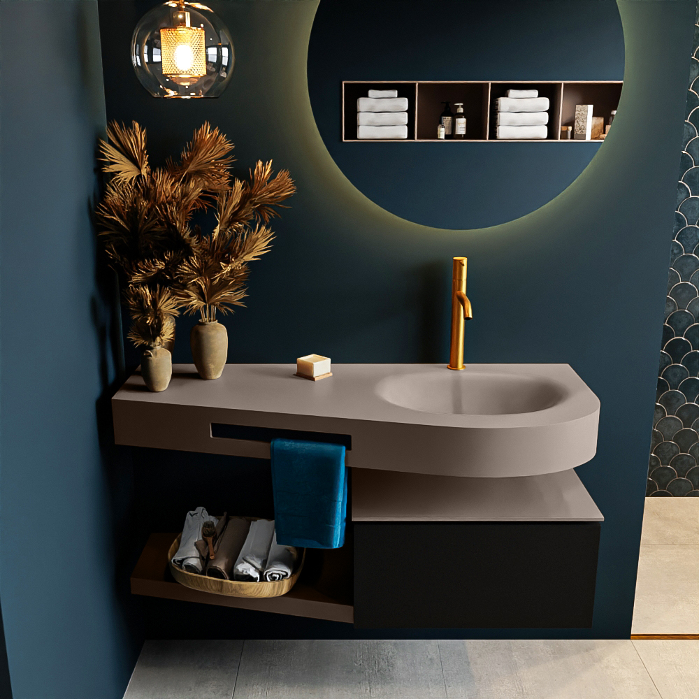 MONDIAZ RIVA 120cm badmeubel onderkast / planchet kleur Urban met 1 lade. Wastafel DULCET rechts 1 kraangat kleur Smoke.