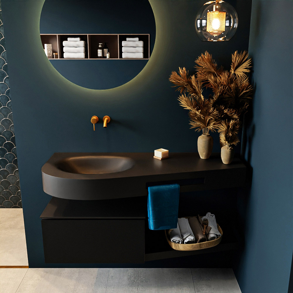 MONDIAZ RIVA 120cm badmeubel onderkast / planchet kleur Urban met 1 lade. Wastafel DULCET links 0 kraangaten kleur Urban.