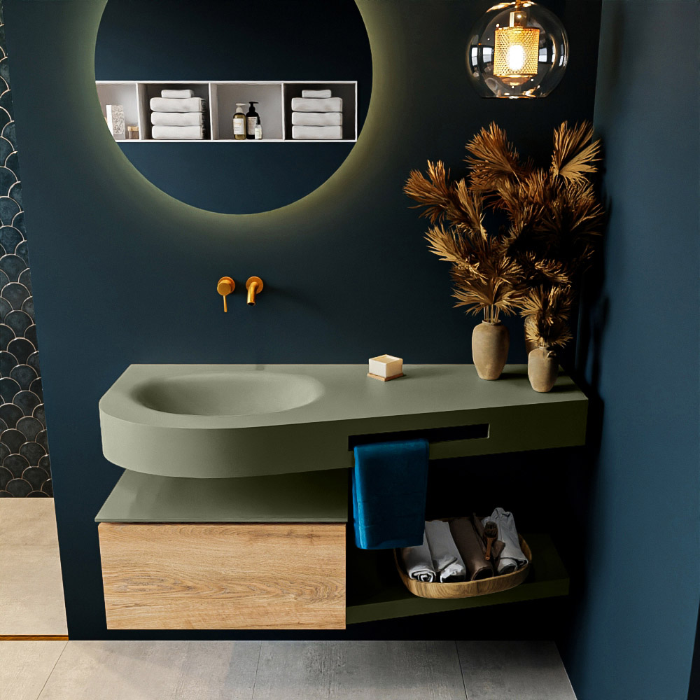 MONDIAZ RIVA 120cm badmeubel onderkast / planchet kleur Washed_Oak met 1 lade. Wastafel DULCET links 0 kraangaten kleur Army.
