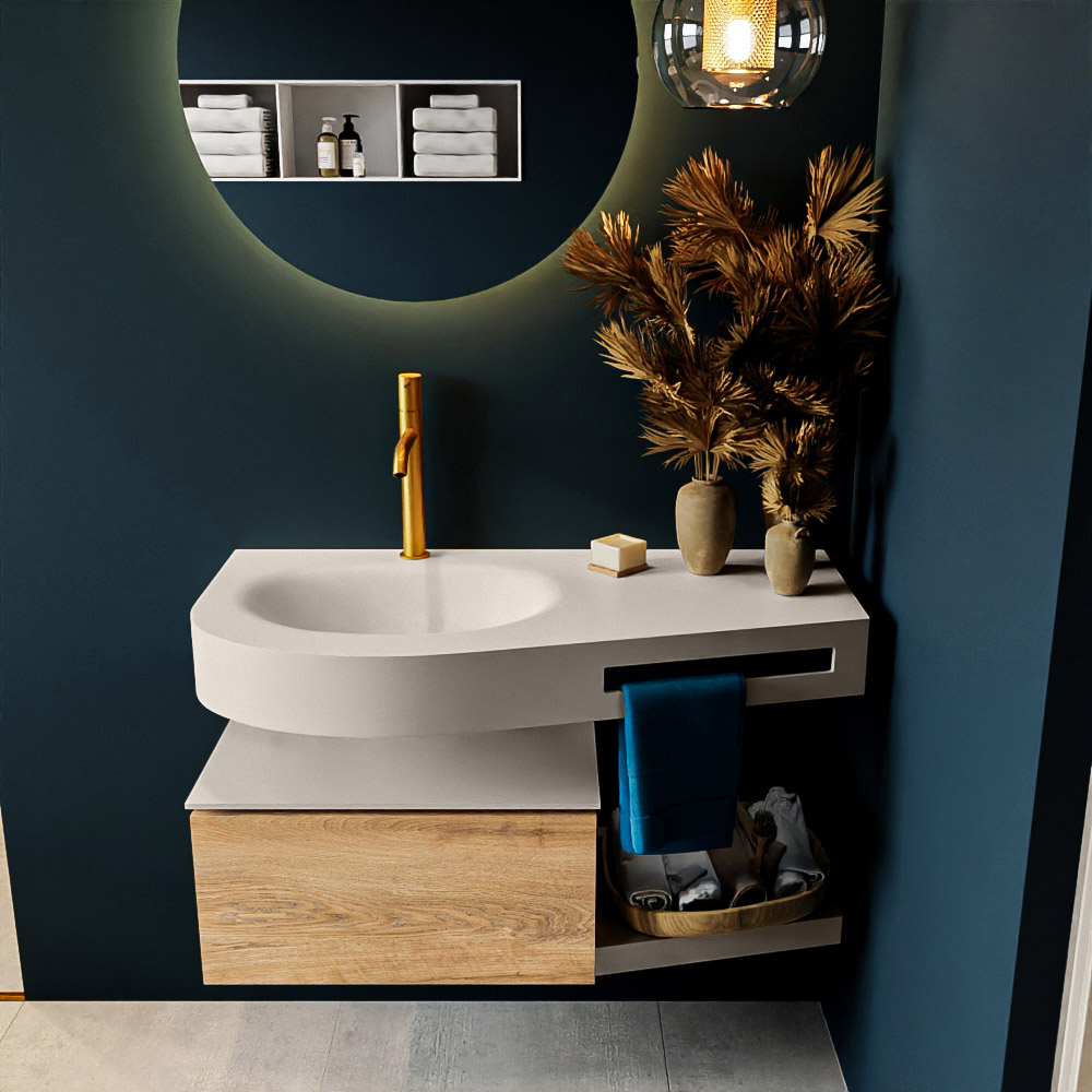 MONDIAZ RIVA 100cm badmeubel onderkast / planchet kleur Washed_Oak met 1 lade. Wastafel DULCET links 1 kraangat kleur Linen.