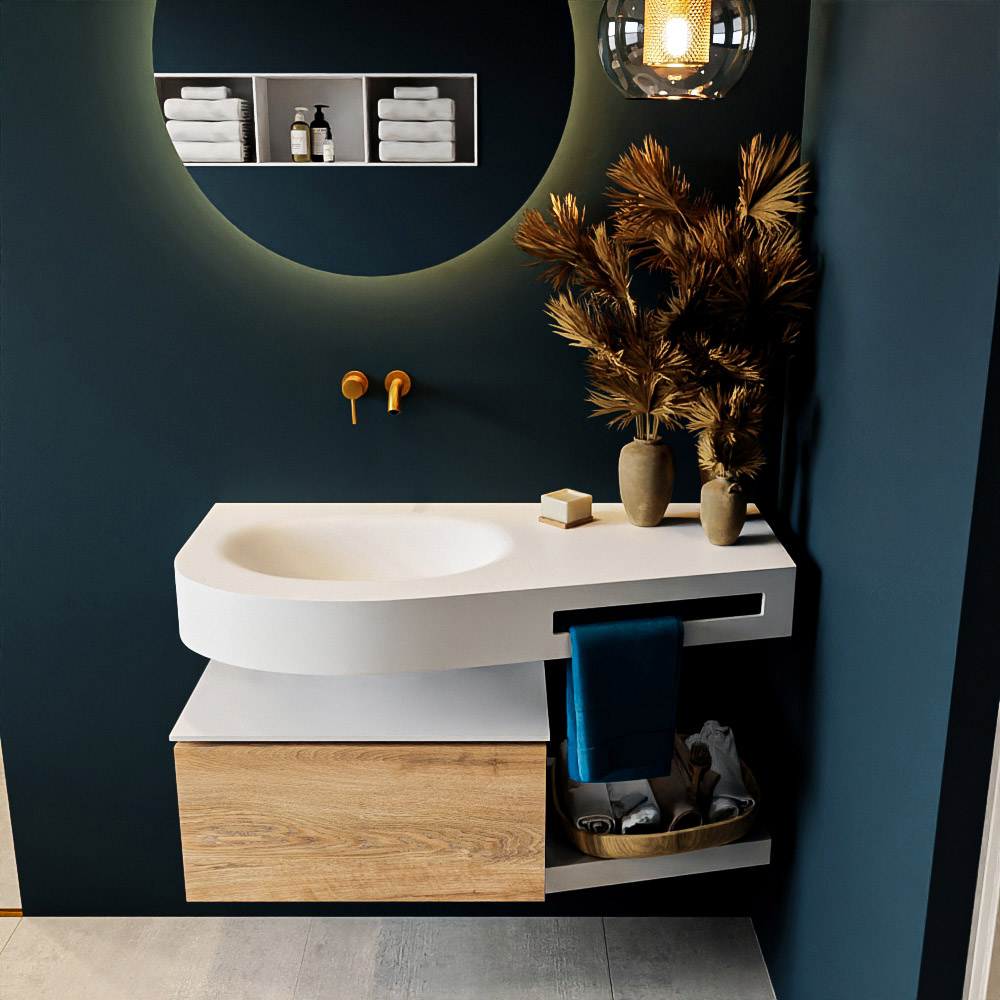 MONDIAZ RIVA 100cm badmeubel onderkast / planchet kleur Washed_Oak met 1 lade. Wastafel DULCET links 0 kraangaten kleur Talc.