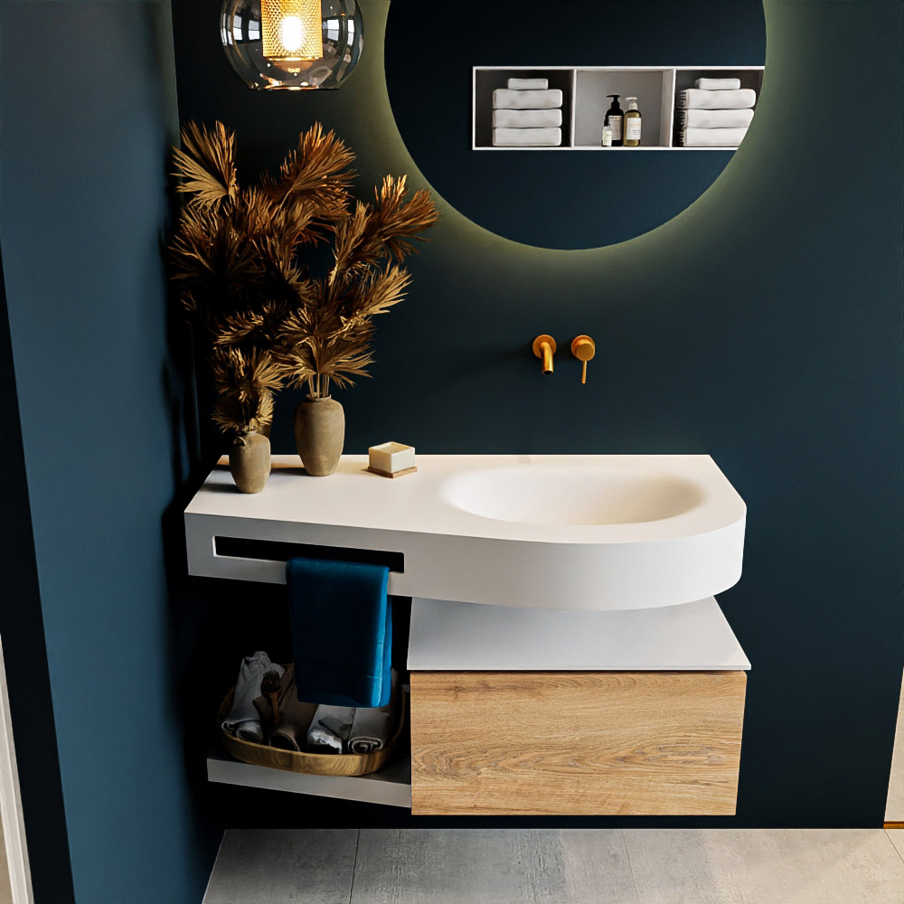MONDIAZ RIVA 100cm badmeubel onderkast / planchet kleur Washed_Oak met 1 lade. Wastafel DULCET rechts 0 kraangaten kleur Talc.