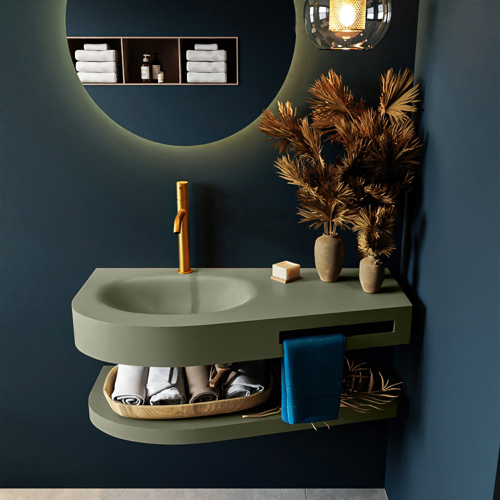 MONDIAZ RIVA 100cm Wastafel met planchet kleur Army. Wastafel DULCET links 1 kraangaten kleur Army.