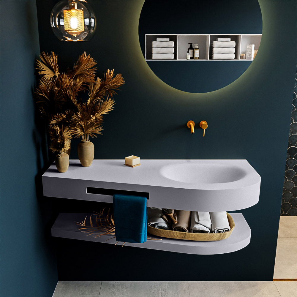 MONDIAZ RIVA 120cm Wastafel met planchet kleur Cale. Wastafel DULCET rechts 0 kraangaten kleur Cale.