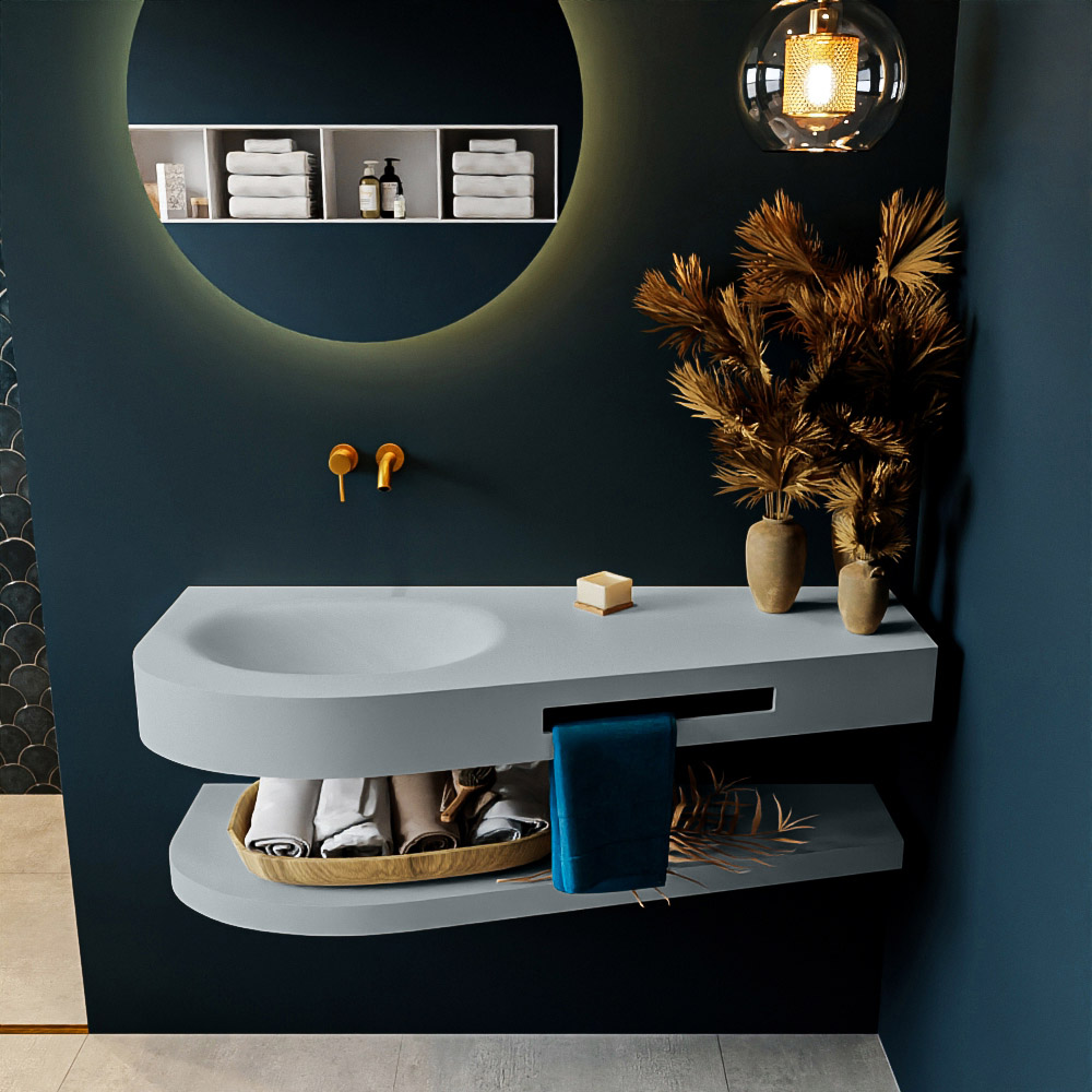 MONDIAZ RIVA 120cm Wastafel met planchet kleur Clay. Wastafel DULCET links 0 kraangaten kleur Clay.