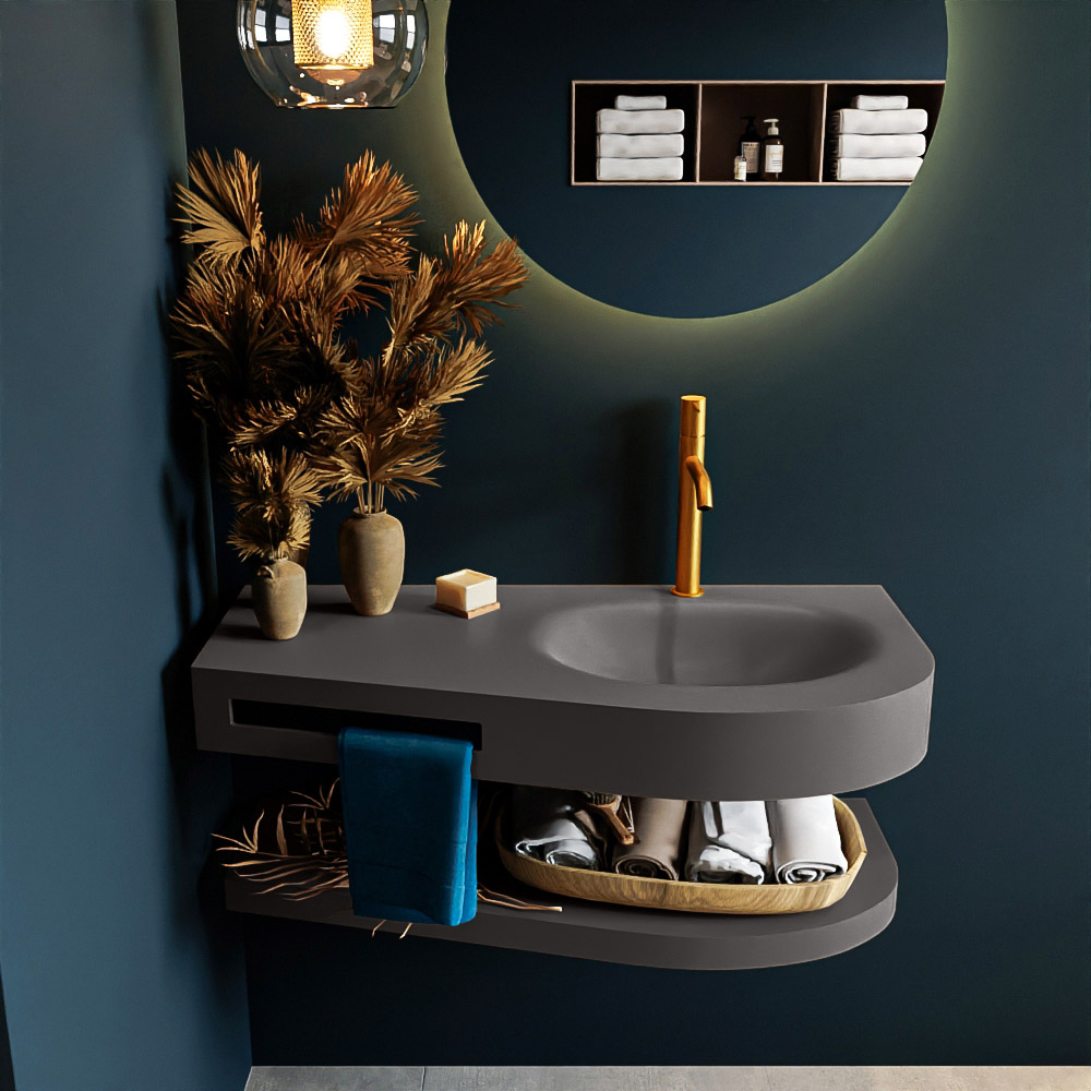 MONDIAZ RIVA 100cm Wastafel met planchet kleur Dark_Grey. Wastafel DULCET rechts 1 kraangaten kleur Dark_Grey.