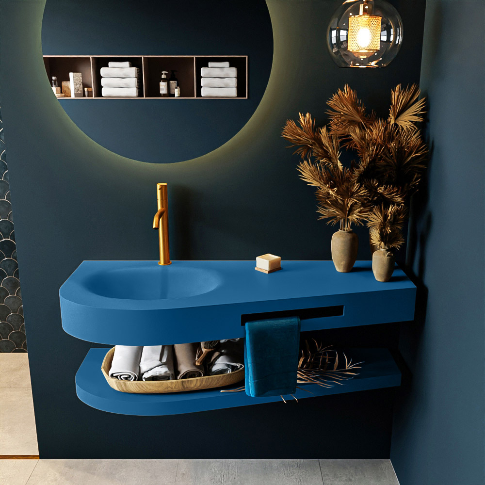 MONDIAZ RIVA 120cm Wastafel met planchet kleur Jeans. Wastafel DULCET links 1 kraangaten kleur Jeans.