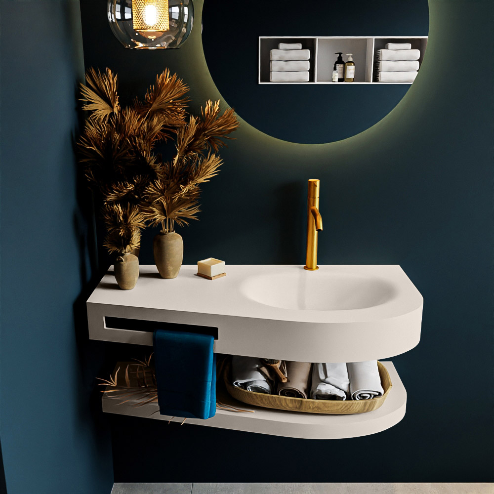 MONDIAZ RIVA 100cm Wastafel met planchet kleur Linen. Wastafel DULCET rechts 1 kraangaten kleur Linen.